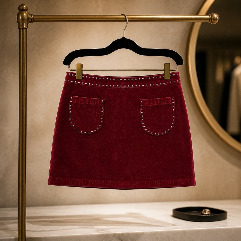 Y2K Mossimo Supply 18 Burgundy Faux Suede Studded Mini Skirt Biker Retro‎
